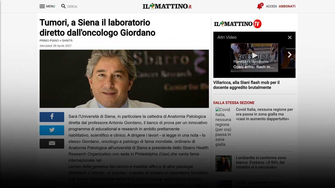 Il Mattino: Tumori, a Siena il laboratorio diretto dall’oncologo Giordano